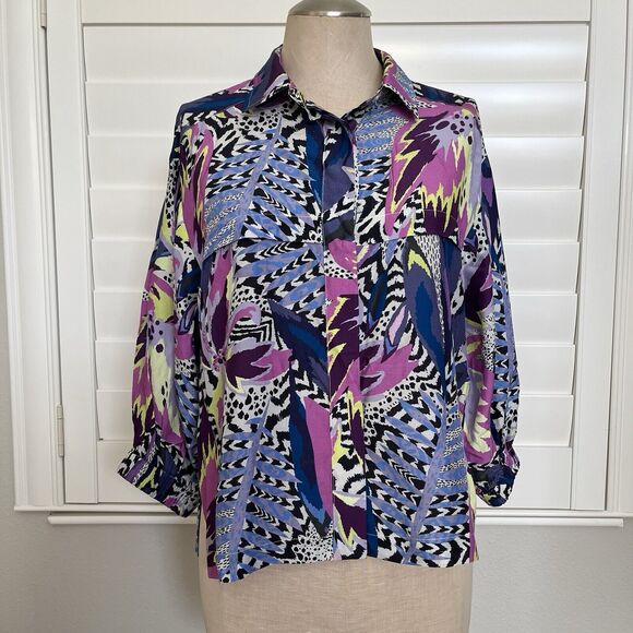 Marie Oliver Multiprint Boxy Button Front Blouse Size XS, silk blend, 1/2 sleeve - Picture 1 of 8